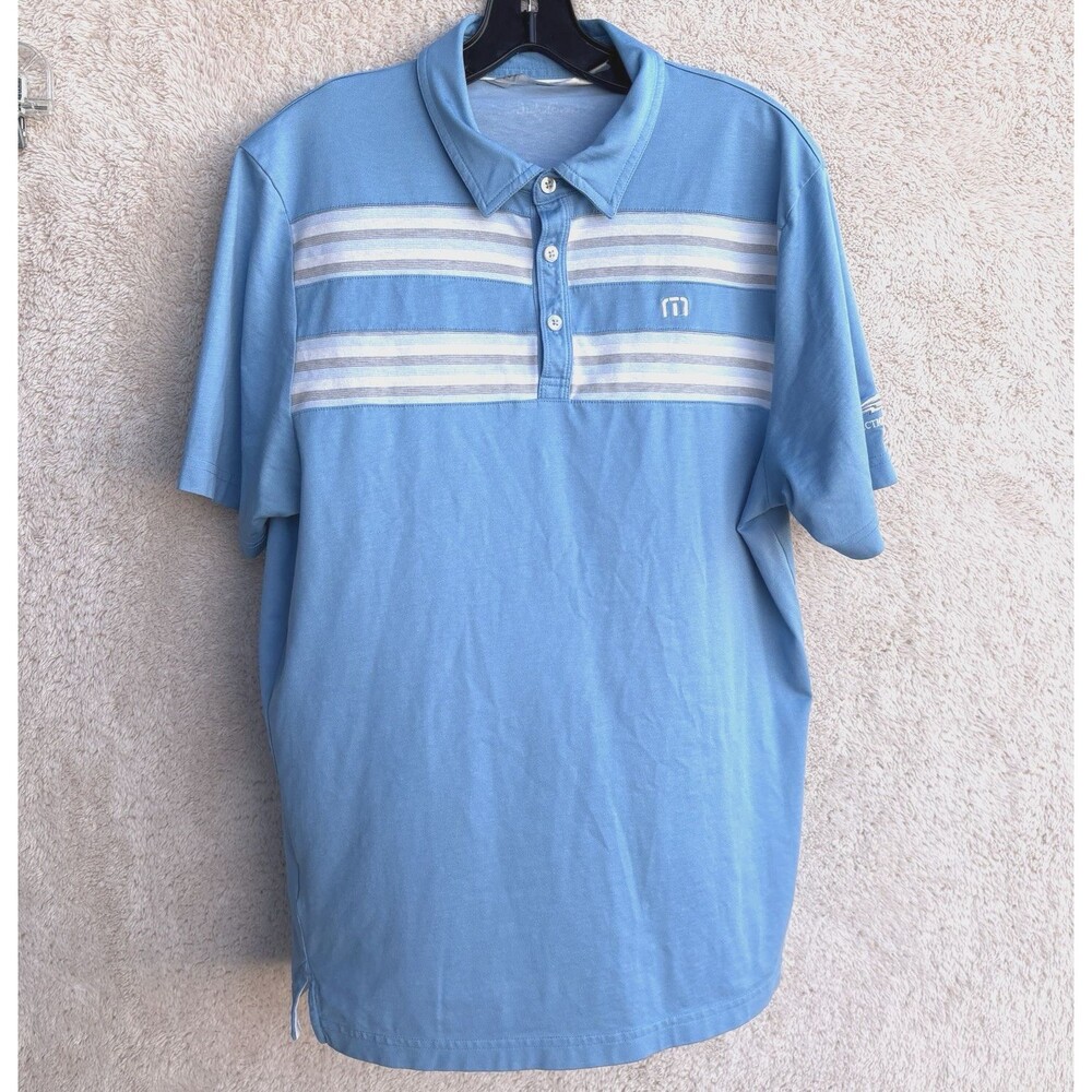 Travis Mathew Golf Polo Shirt Mens M Blue White Stripes Reflection Bay Logo Pima